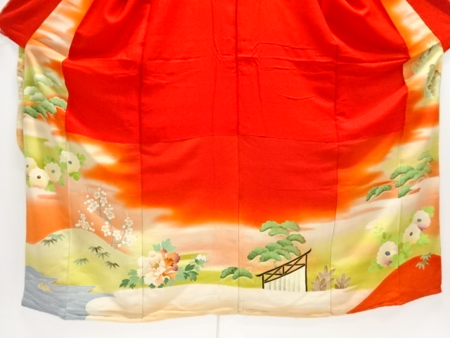  大正ロマン　錦紗草花に幕・御所車模様刺繍五つ紋花嫁衣装振袖3枚重ね